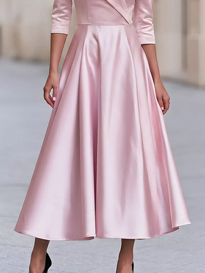 Satin Off-Shoulder A-Line Midi Dress