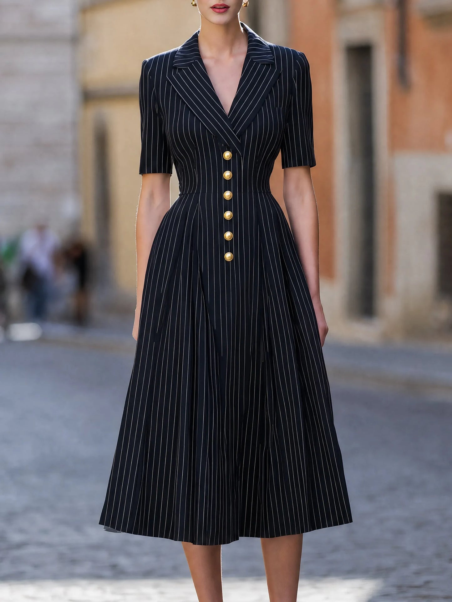 Pinstripe Lapel Button-Front Flare Midi Dress