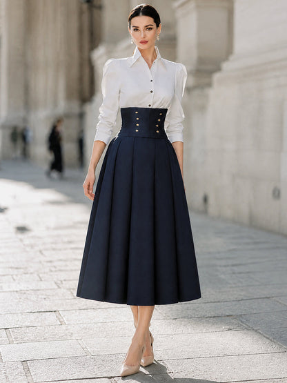 Contrast Collared Long Sleeve A-Line Midi Dress With Button Corset Waist