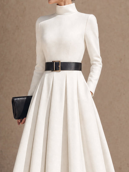 High-Neck Belted Maxi Dress With Pleated Full Skirt