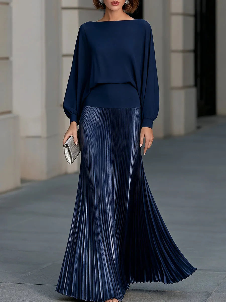 Pleated Satin Long Sleeve Flowing Maxi Dress