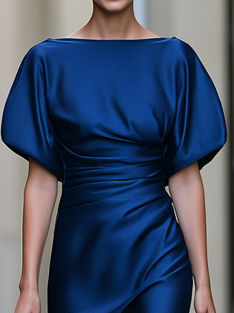Ruched Batwing Sleeve Satin Midi Dress