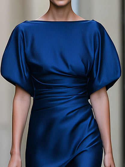 Ruched Batwing Sleeve Satin Midi Dress