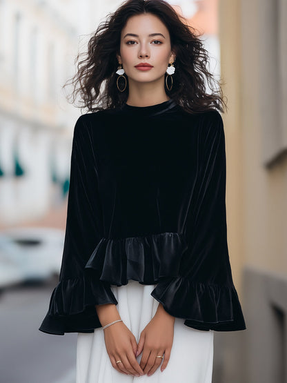 Round Neck Velvet Ruffle-Trim Blouse