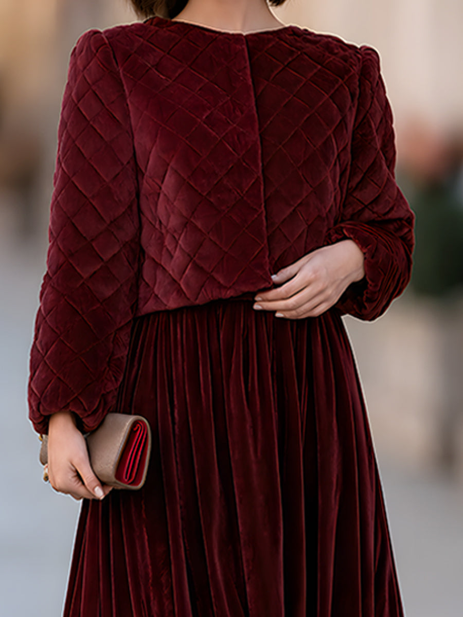 Quilted Velvet Jacket & Pleated Midi Skirt Set