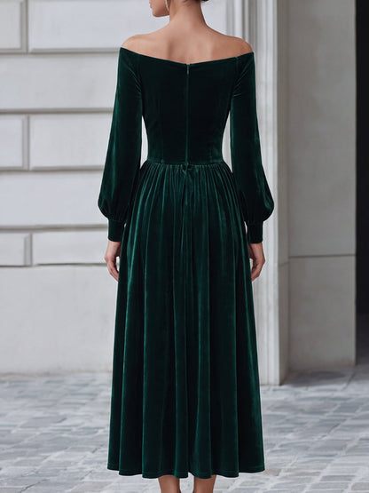 Off-Shoulder Ruched Velvet A-Line Midi Dress