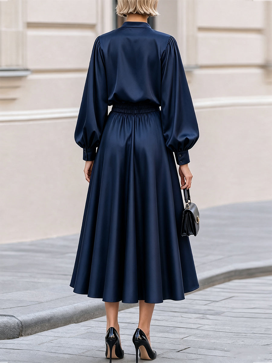 Stand Collar Keyhole Top & High Waist Midi Skirt Two-Piece Co-Ord Set