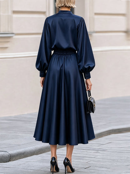 Stand Collar Keyhole Top & High Waist Midi Skirt Two-Piece Co-Ord Set