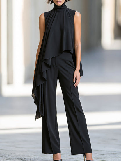 Sleeveless Layered High-Neck Top And Wide-Leg Trousers Set