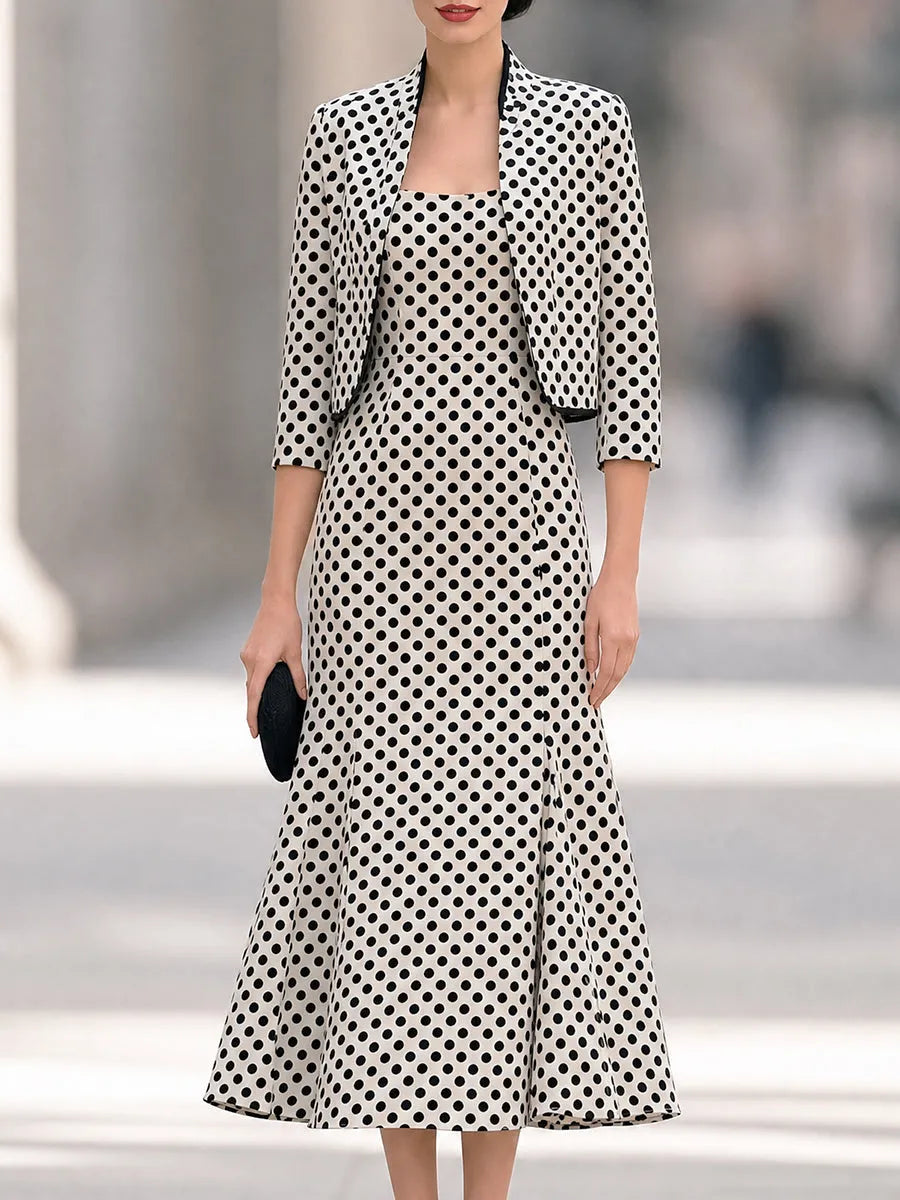Polka Dot Cropped Blazer And Midi Dress Set