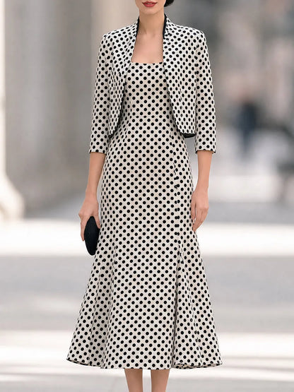 Polka Dot Cropped Blazer And Midi Dress Set
