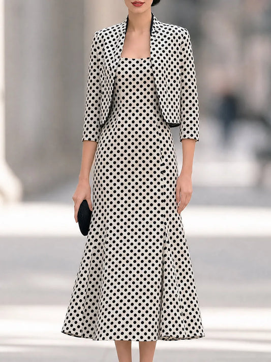 Polka Dot Cropped Blazer And Midi Dress Set
