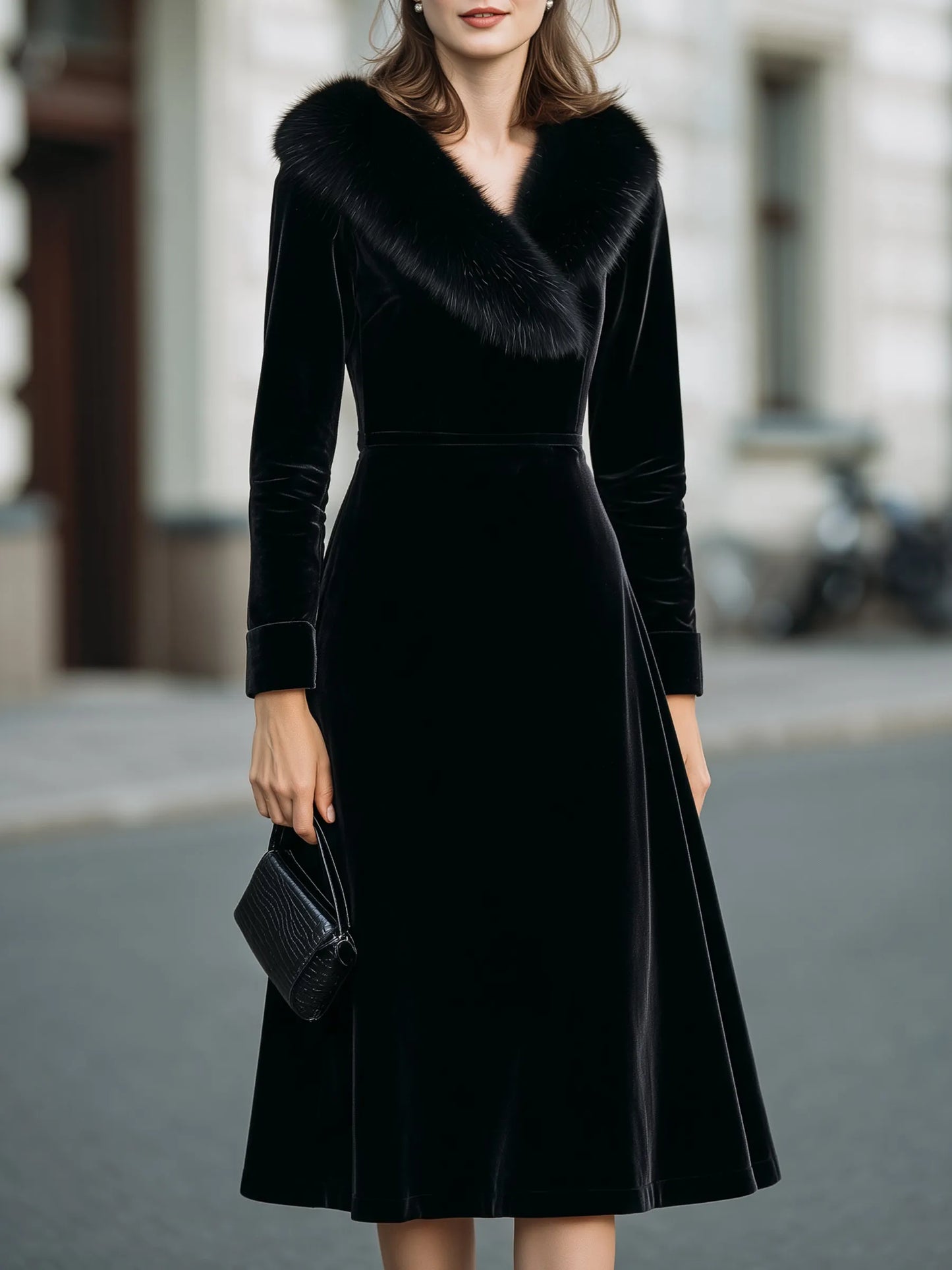 Velvet Faux-Fur Collar Midi Dress