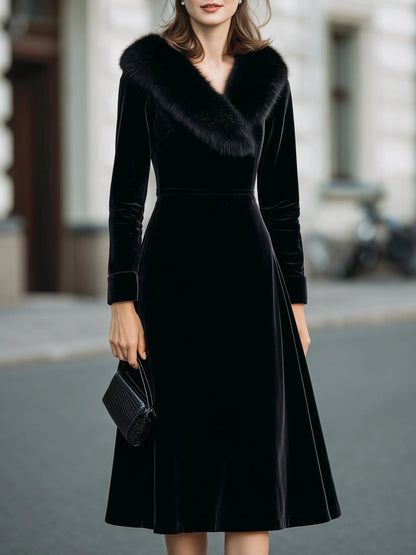 Velvet Faux-Fur Collar Midi Dress