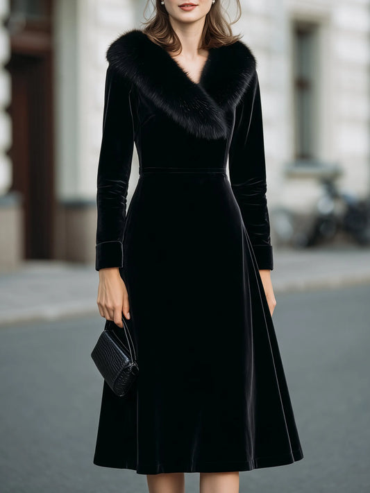 Velvet Faux-Fur Collar Midi Dress