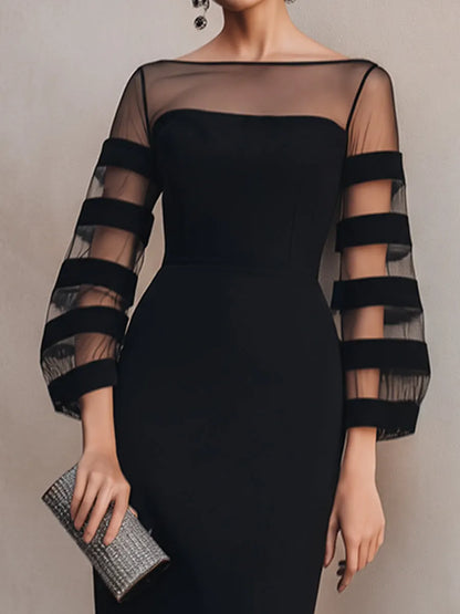 Sheer Mesh Striped Sleeve Bodycon Midi Dress