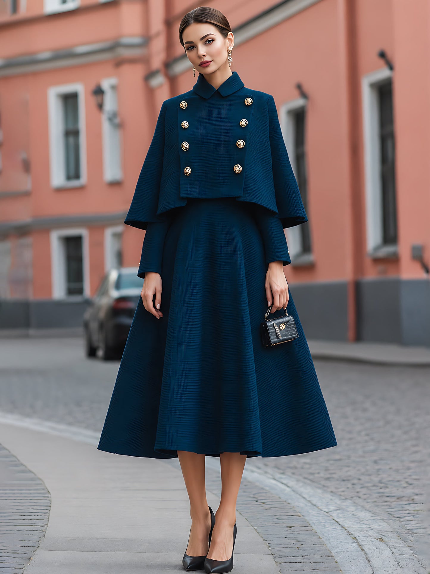 Tweed-Texture Cape Jacket And A-Line Dress Set