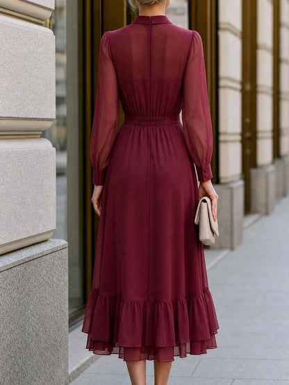Button-Front Chiffon Layered Ruffle Midi Dress