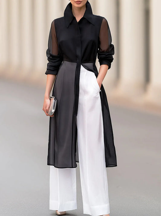 Elegant Sheer Organza Long Shirt-Style Jacket & White Wide-Leg Trousers Two-Piece Set