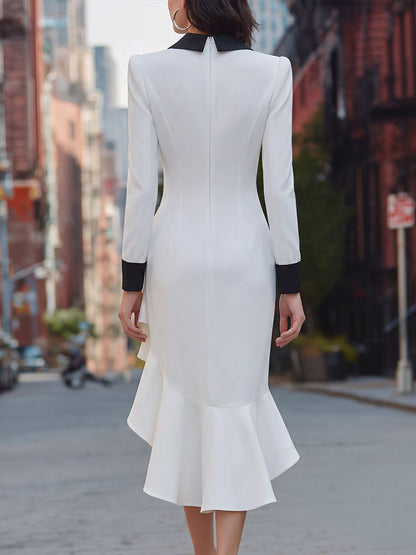 Contrast Peak Lapel Ruffle Hem Long-Sleeve Midi Blazer Dress