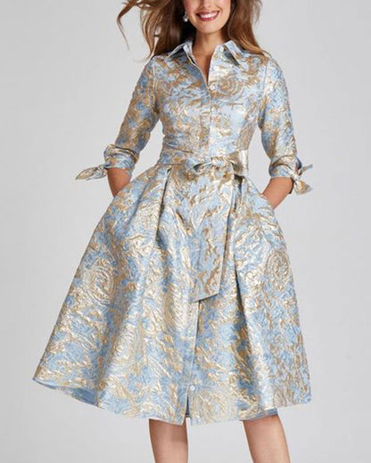 Metallic Pattern Jacquard Shirtdress