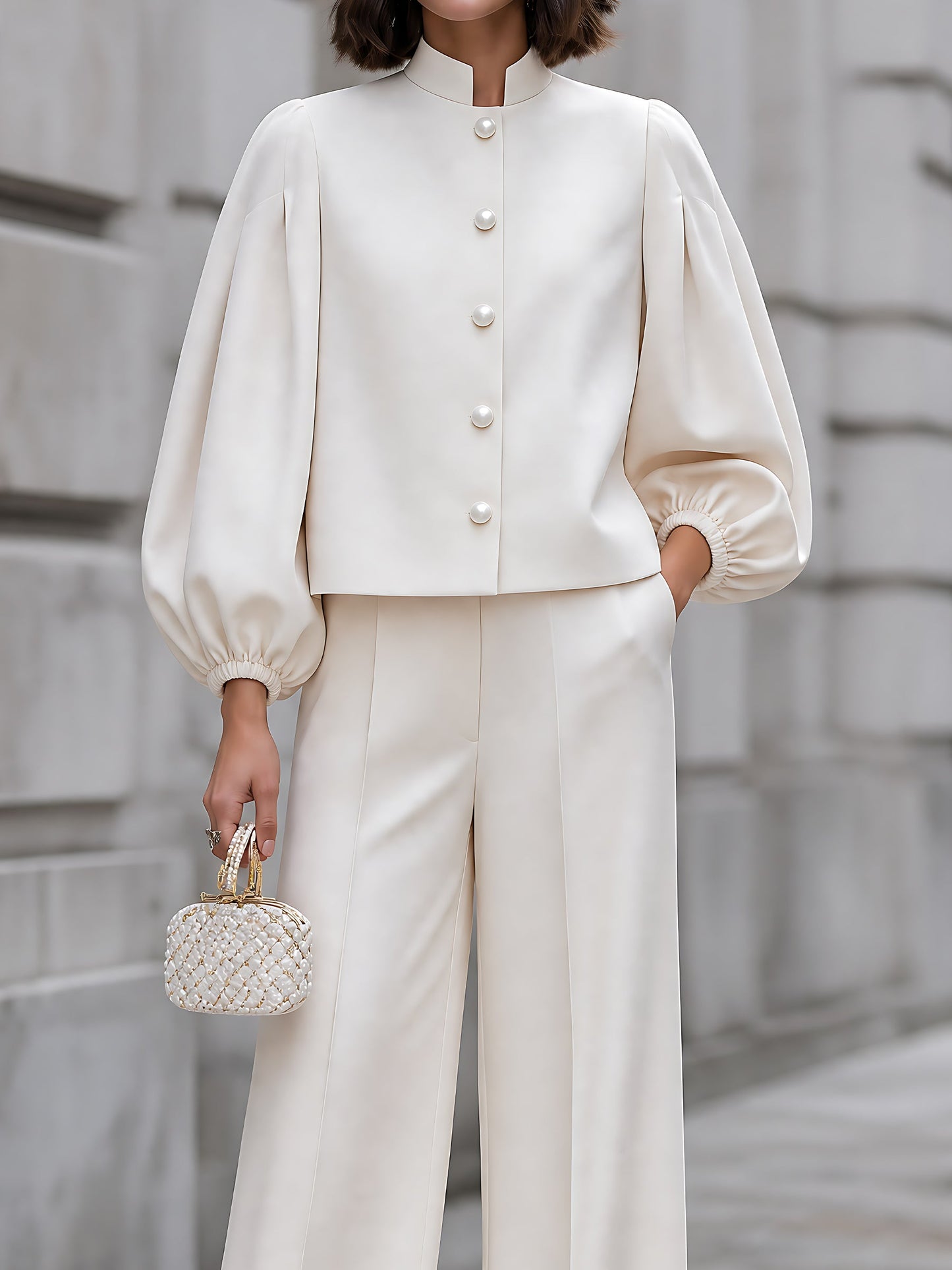 Pearl-Button Balloon-Sleeve Pants Set
