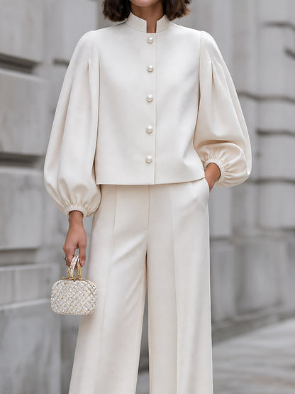 Pearl-Button Balloon-Sleeve Pants Set