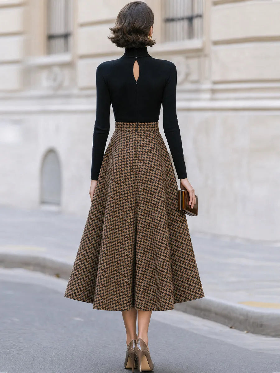 Houndstooth Print Contrast Turtleneck Long Sleeve Midi Dress