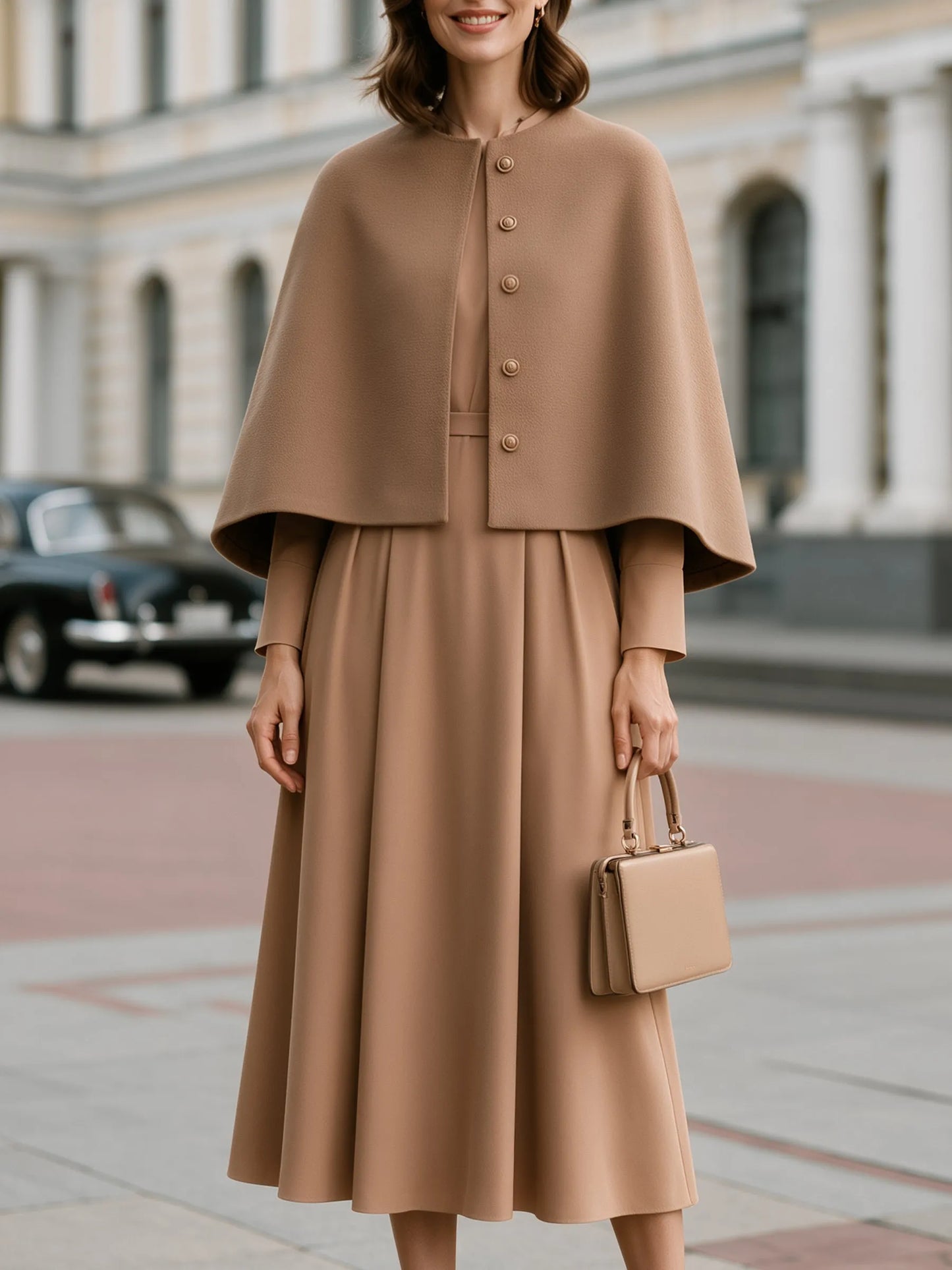 Wool-Texture Cape And A-Line Dress Set
