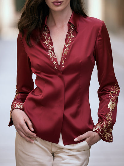 Embroidered Satin V Neck Blouse