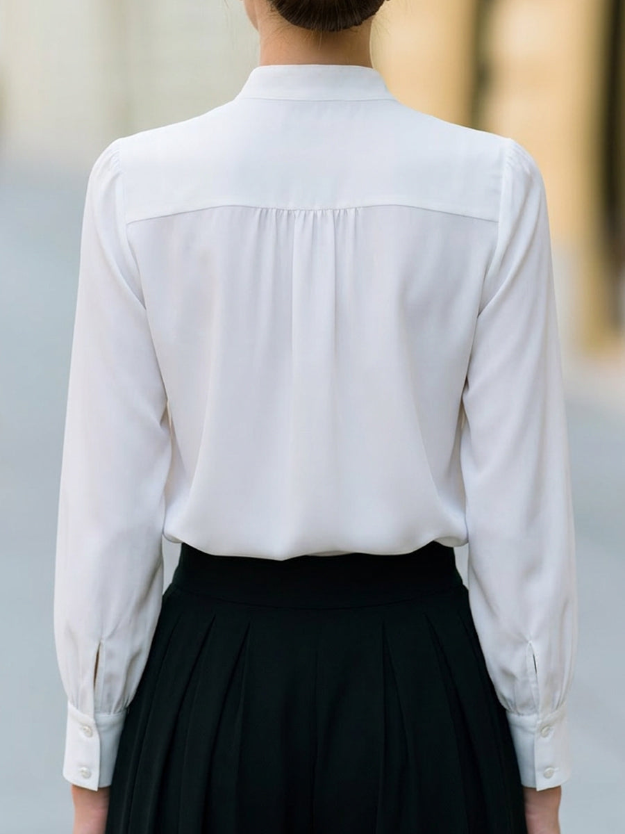 Pleated Yoke Stand Collar Button Blouse
