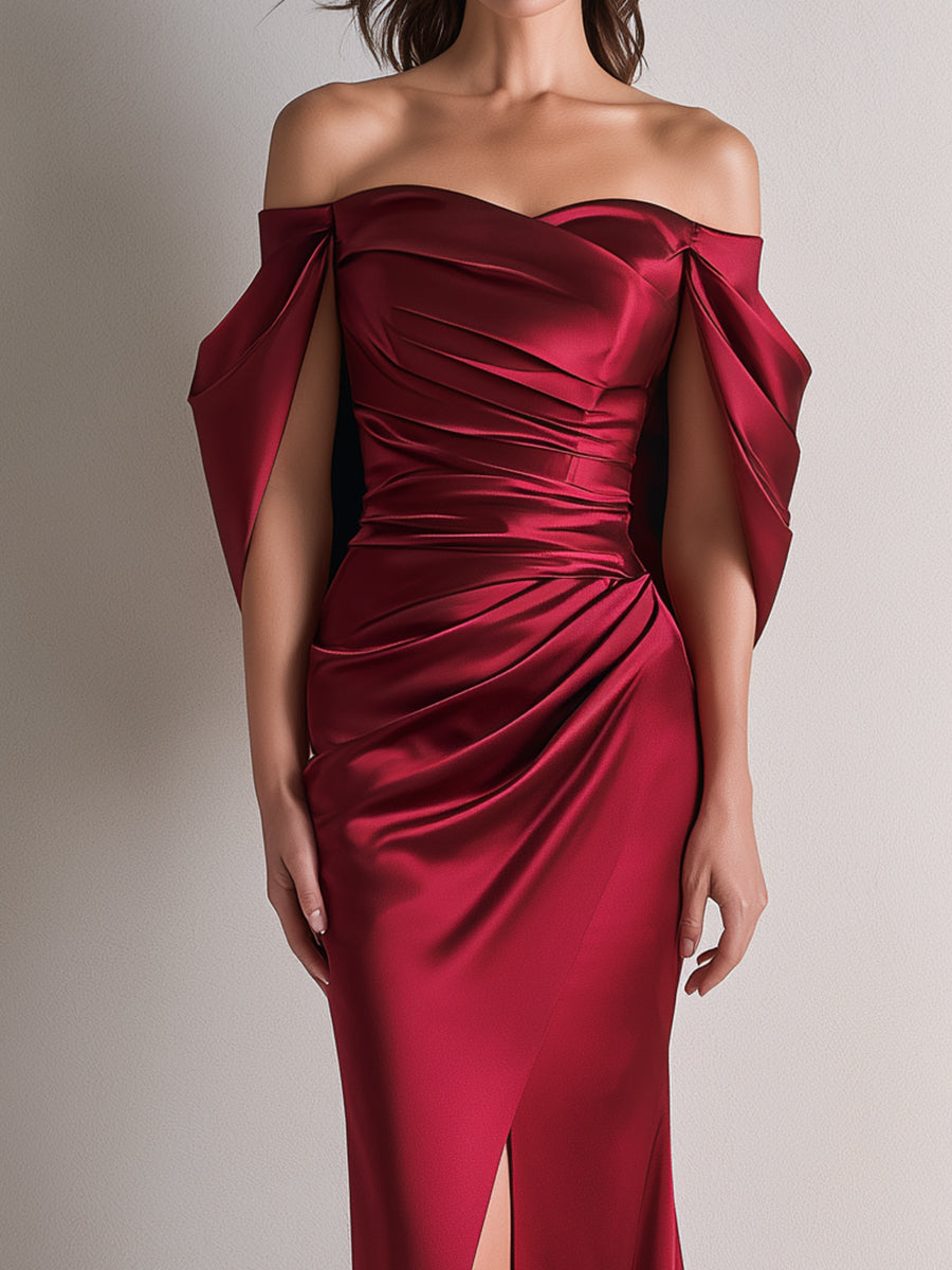 Off-Shoulder Draped Sleeve Ruched Satin Evening Gown
