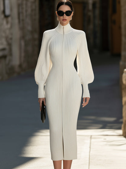 Front Zipper Ribbed Knit High-Neck Midi Dress