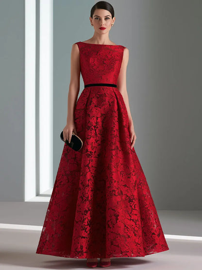 Contrast Waist Floral Lace A-Line Evening Gown