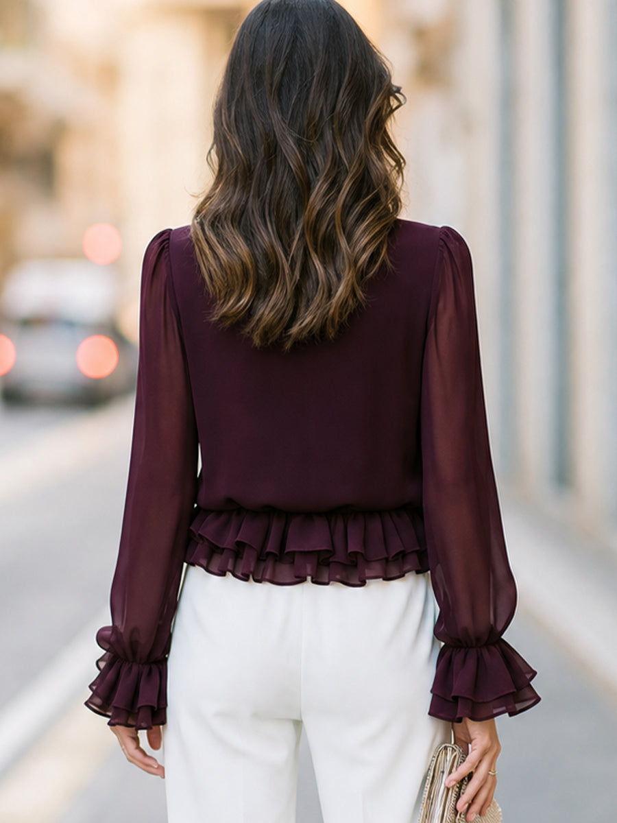Ruffled Mock Neck Peplum Blouse