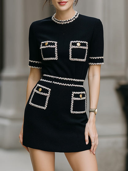 Black Contrast Trim Pocket Knit Mini Dress