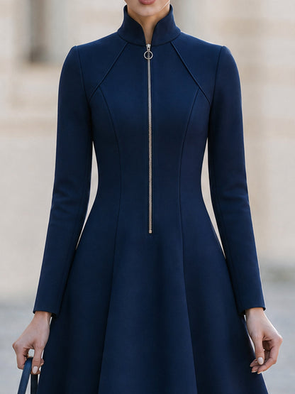 Stand  Neck Front  Zip Long Sleeve  Flared Midi Swing A-Line Dress