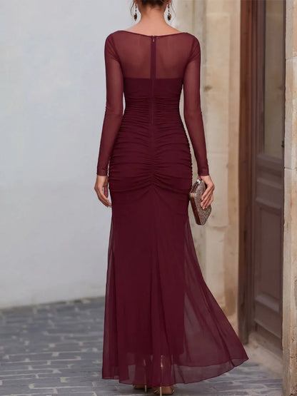 Sheer Mesh Ruched Long Sleeve Slit Maxi Dress