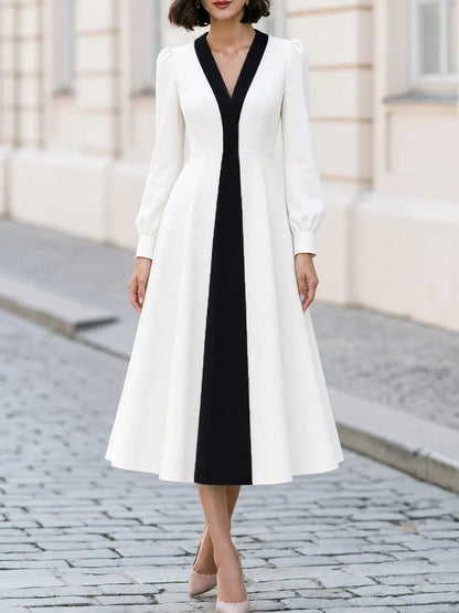 Black Contrast V-Neck Puff Long Sleeve Flared Midi Dress