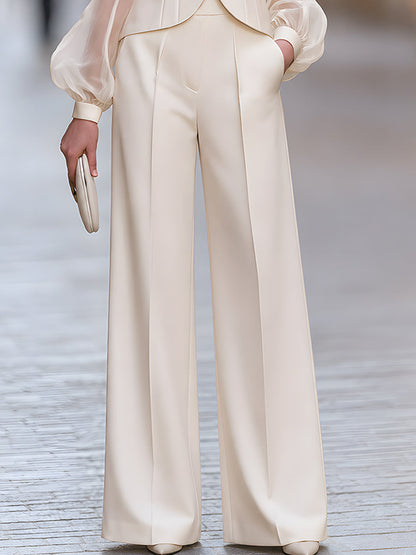 Ivory Sheer Sleeve Blazer With Wide Leg Trousers Set