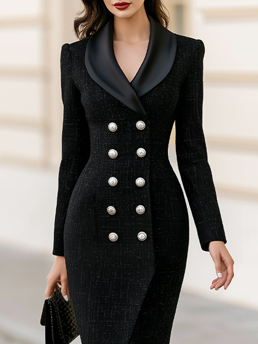 Tweed Satin Lapel Double Breasted Blazer Midi Dress With Front Slit