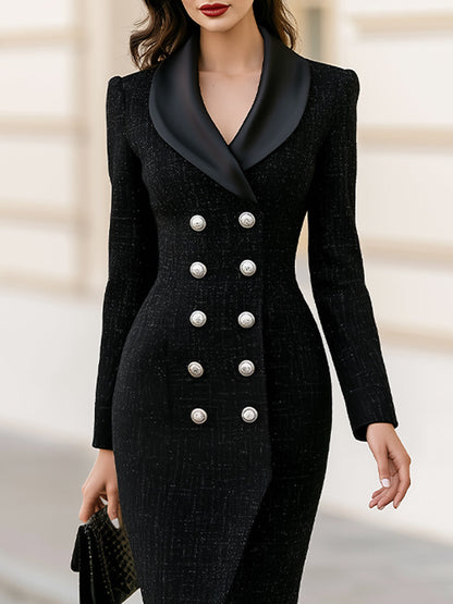 Tweed Satin Lapel Double Breasted Blazer Midi Dress With Front Slit