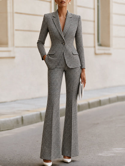Houndstooth Single‐Button Blazer & Flared Trousers Two‐Piece Suit