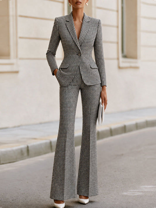Houndstooth Single‐Button Blazer & Flared Trousers Two‐Piece Suit