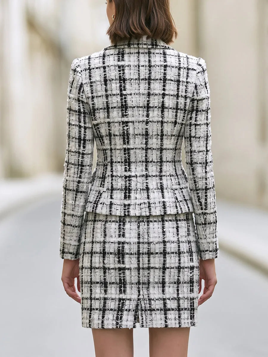 Black White Plaid Textured Tweed Blazer And Mini Skirt Two Piece Set