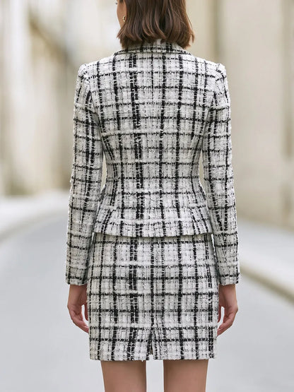 Black White Plaid Textured Tweed Blazer And Mini Skirt Two Piece Set
