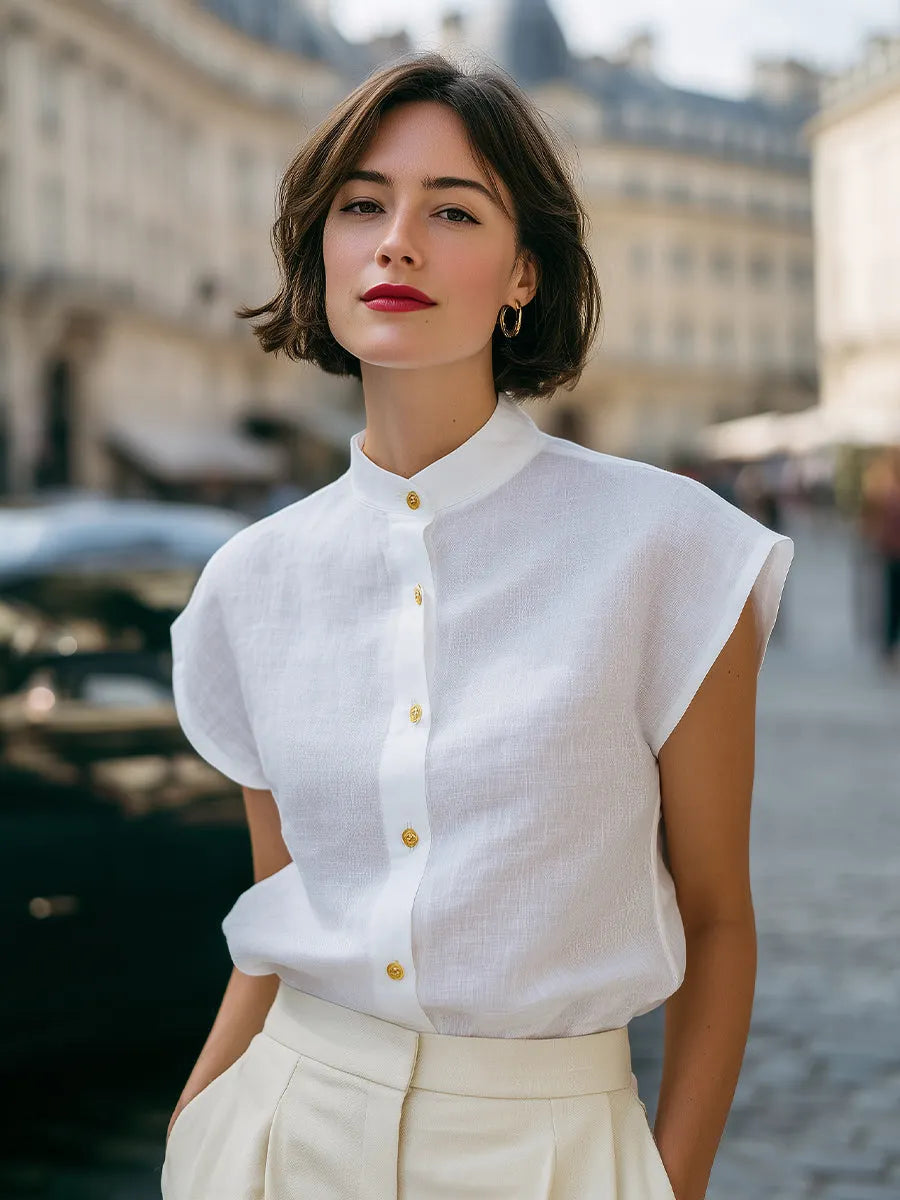 Mandarin Collar Button-Front Cap Sleeve Blouse