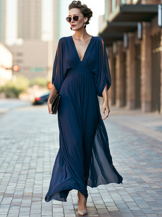 Vestido Maxi Fluido com Decote V Profundo e Mangas Vazadas