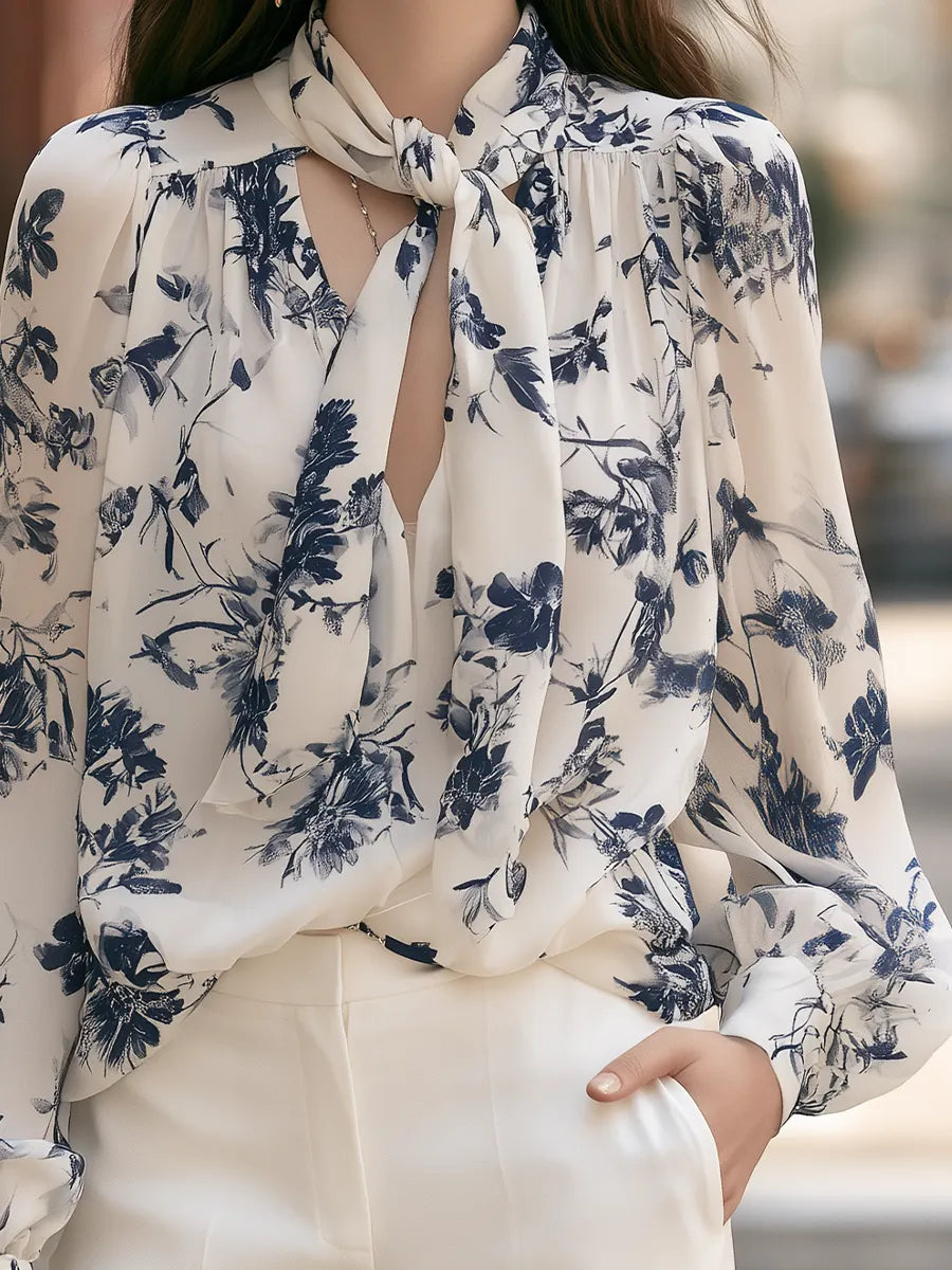 Floral Tie-Neck Balloon-Sleeve Blouse