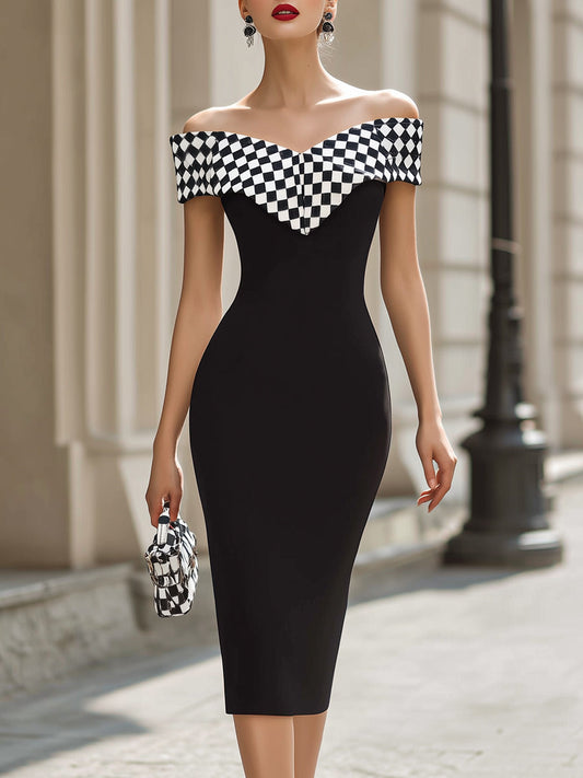 Robe fourreau midi chic à carreaux noirs et blancs et épaules dénudées